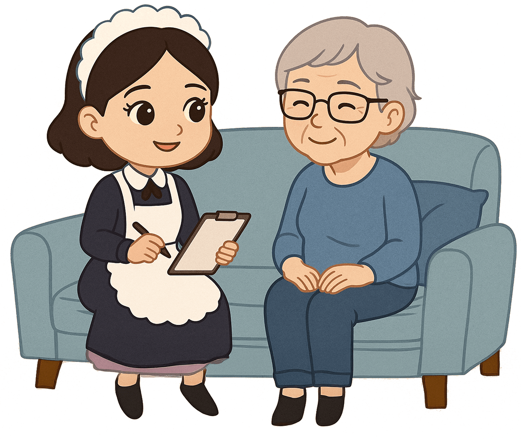 Illustration von Pflegedienst Florence: Pflegekraft berät Seniorin auf dem Sofa – persönliche Beratung in Offenbach