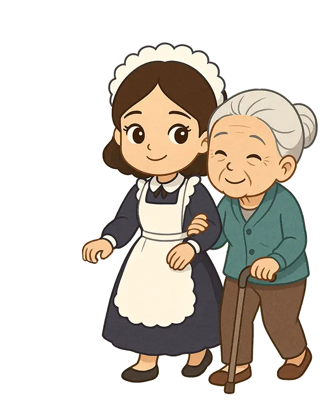 Illustration Pflegedienst Florence: Pflegekraft begleitet Seniorin beim Spaziergang im Stadtpark in Offenbach – Bezugspflege mit Nähe und Vertrauen